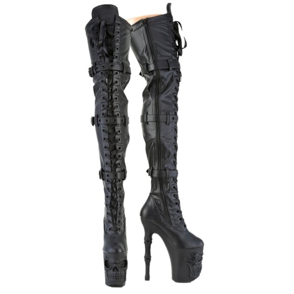 Skull Platform 8" Bone Heel Multi Strap Lace Up Thigh Boots Rapture 3028 - Picture 5 of 9